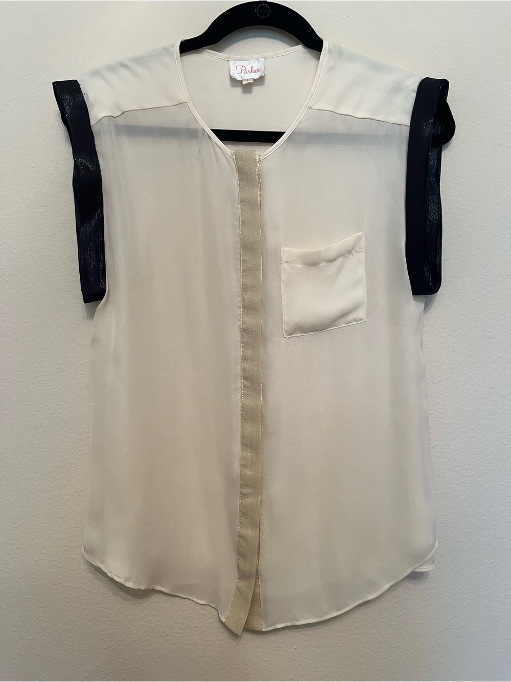Parker Silk Cream Sleeveless Blouse with Black Trim